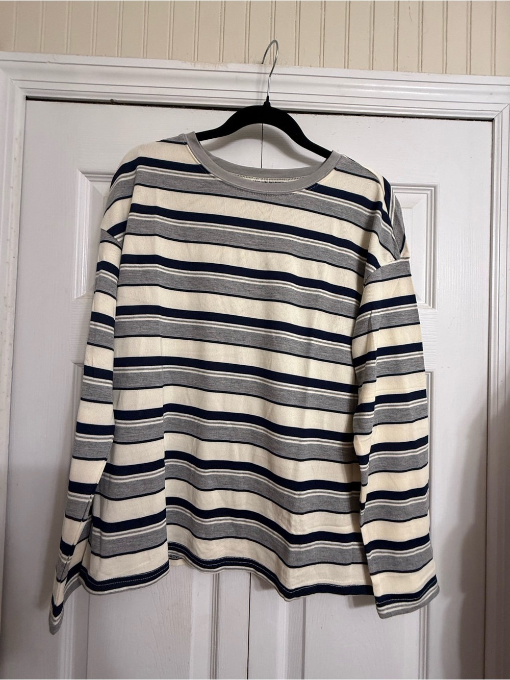Striped Long-Sleeve Crewneck Tee in Cream and Navy